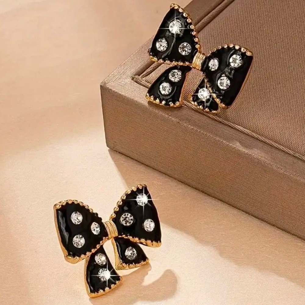 Pair of Black Bow Stud Earrings with Clear Rhinestones, 18k gold plated trim